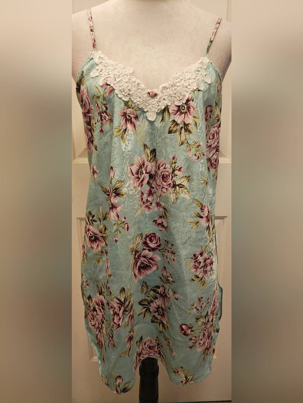 Vtg Angelique Floral Jacquard Satin Lingerie Slip Dress w Lace Embroidered Trim